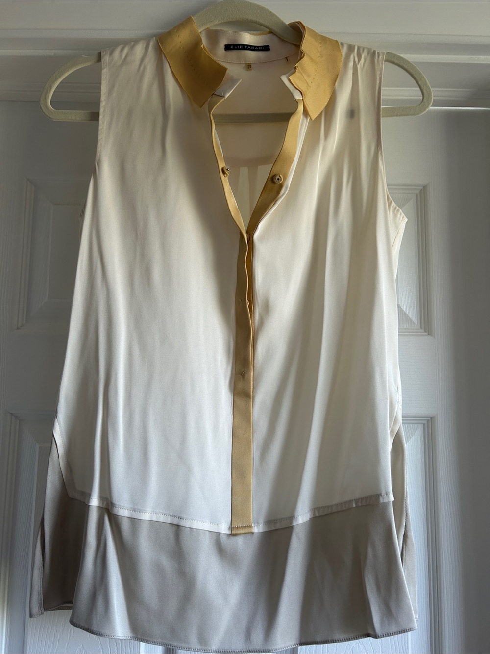 Elie Tahari Sleeveless Ivory Blouse with Tan Hem & Gold-Trim Collar